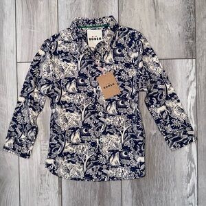 NWT Mini Boden College Navy Magical Forest Cotton button down size 2-3y
